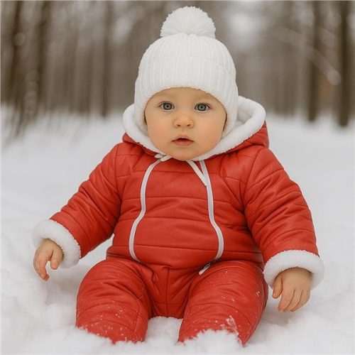 Téli kezeslábas kapucnival és fülekkel New Baby Pumi red raspberry